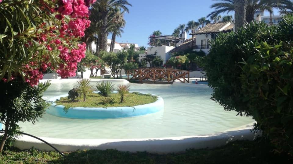 滨海罗克塔斯Casa con Encanto en Roquetas de Mar的一座种有树木和鲜花的度假村内的游泳池