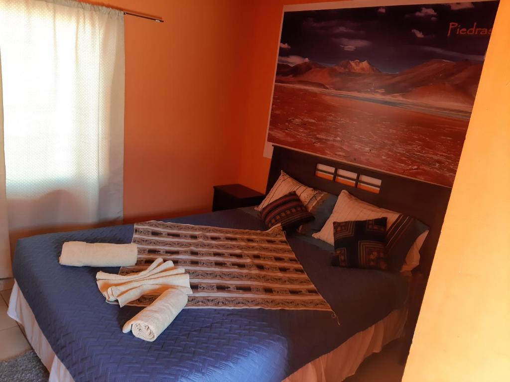 圣佩德罗·德·阿塔卡马hostal nuevo sol y viento的一间卧室配有带毛巾的床
