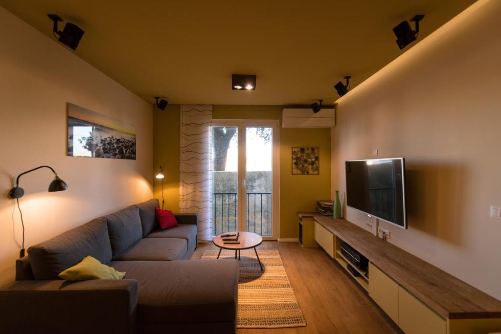 扎达尔The Wall Apartment的带沙发和平面电视的客厅