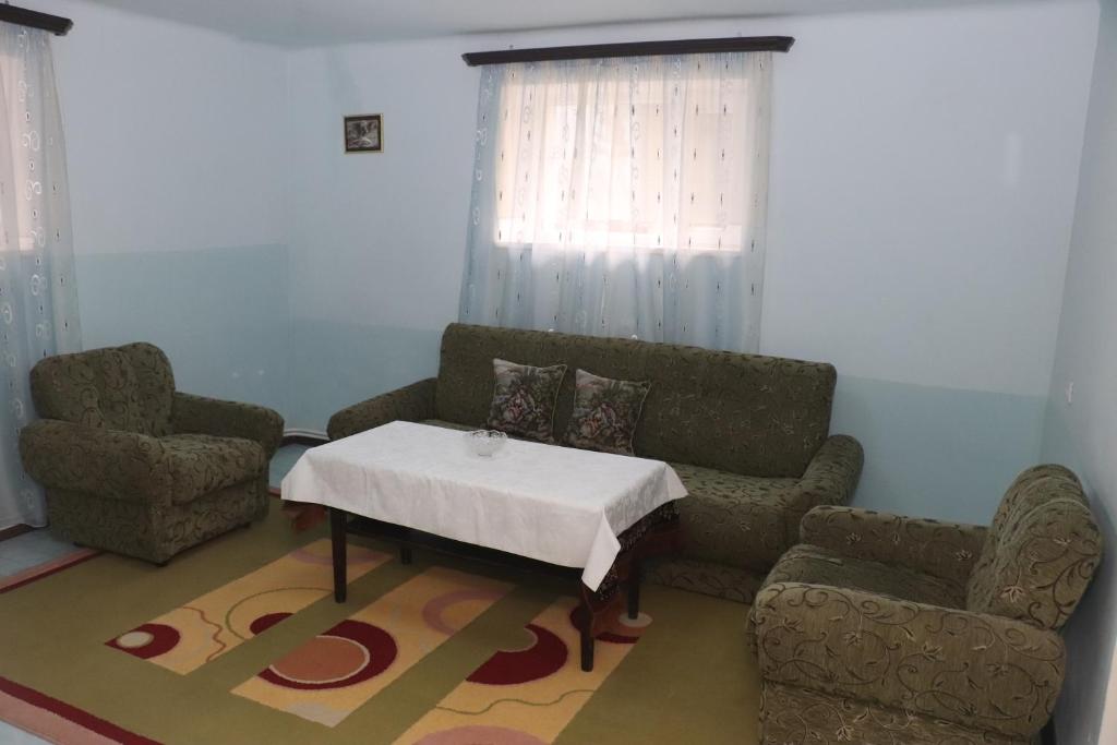 埃里温Уютные апартаменты в малом центре Еревана的客厅配有沙发、桌子和两把椅子