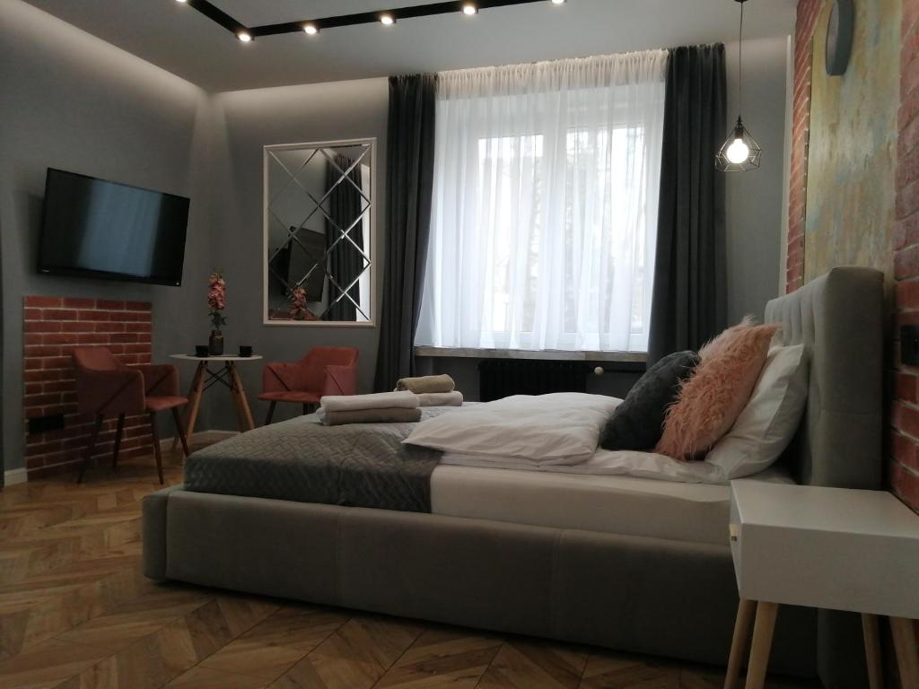 琴斯托霍瓦Apartament LUCY - ścisłe centrum Częstochowy的一间卧室设有一张床、一台电视和一个窗口。
