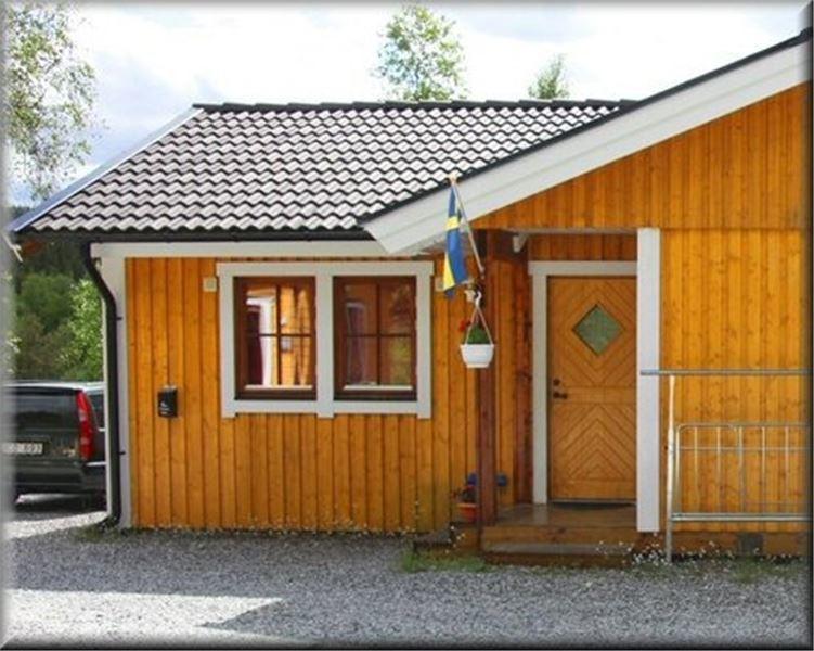 菲奈斯达伦Funäsdalens Stugby的一座带门和旗子的小木房子