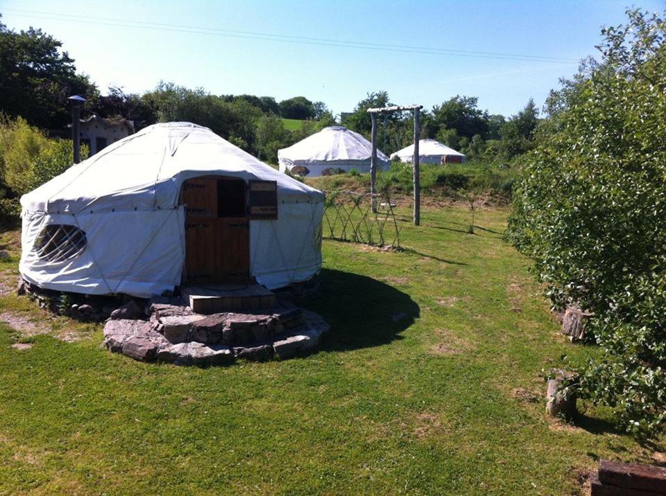WhitegateInch Hideaway Eco Camping的圆顶帐篷,在田野上设有木门