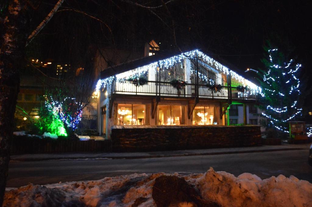 艾姆拉普拉涅图尔玛丽娜餐厅酒店的装饰有圣诞灯和圣诞树的房子