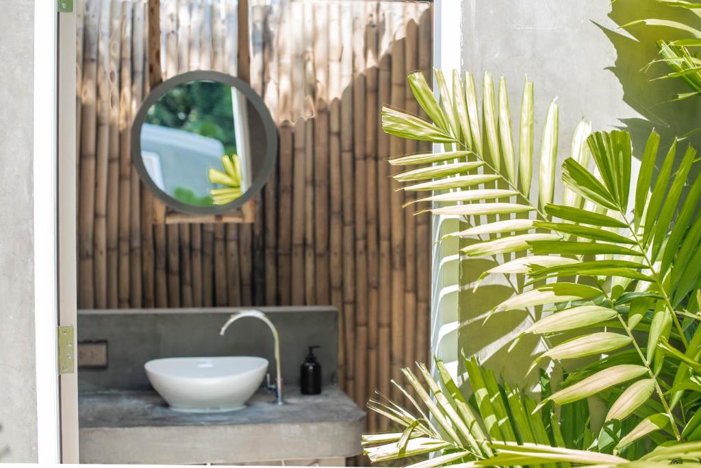 拉威海滩Roost Glamping - SHA Certified的浴室设有水槽、镜子和植物