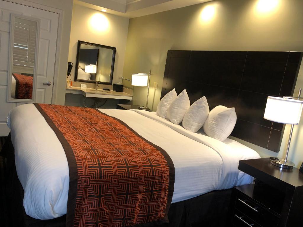 旧金山海边旅馆的酒店客房配有一张带白色床单和枕头的大床。