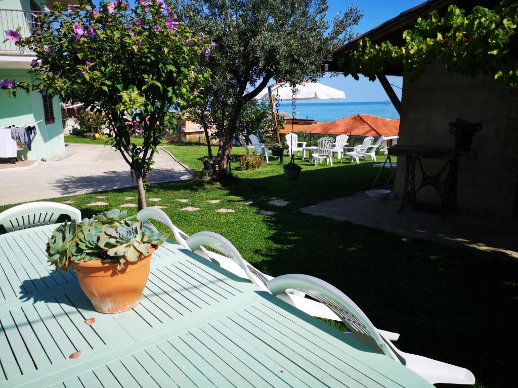 福萨切西亚Il Tetto Verde的白色的桌子和椅子,上面有盆栽植物