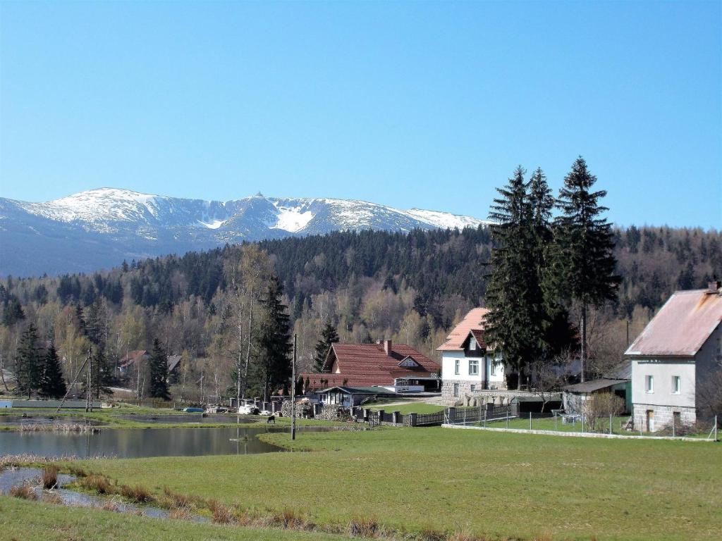佩霍维采Pod Śnieżnymi Kotłami的一座以湖泊和山脉为背景的村庄