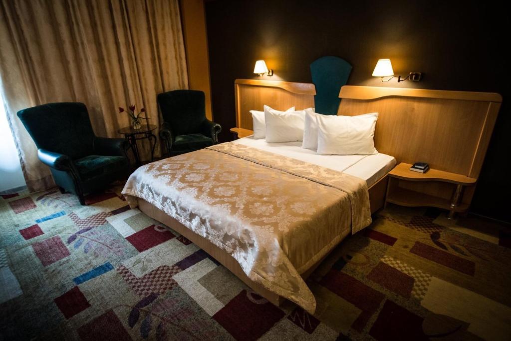 蒂米什瓦拉大使酒店的酒店客房,配有一张床和两把椅子