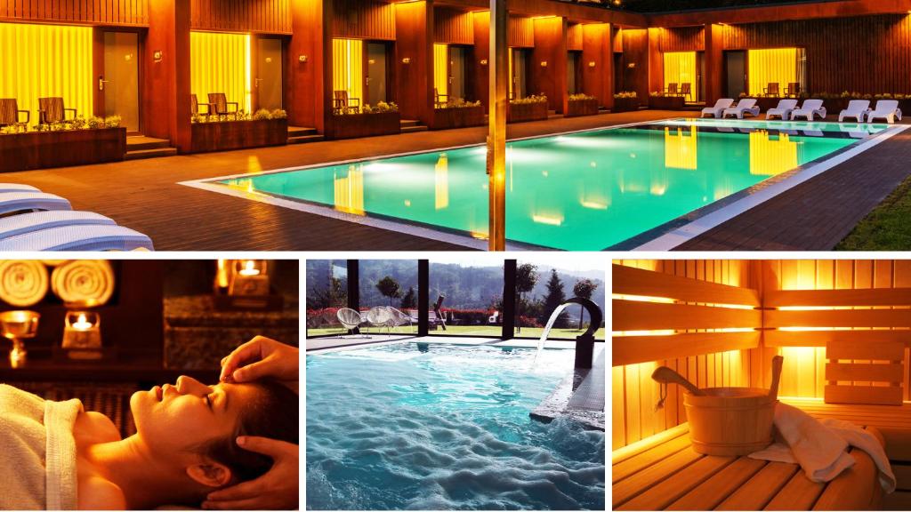 ValdosendeAgrinho Suites & Spa Gerês的一张酒店照片的拼贴画,上面有一座游泳池