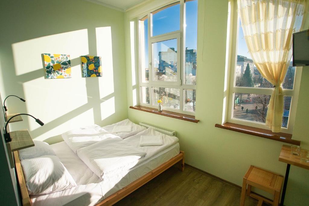 赫梅利尼茨基DREAM Hostel Khmelnytskyi的配有2扇窗户的客房内的1张床