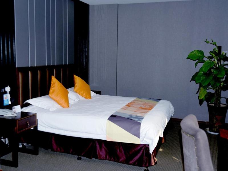 安庆贝壳安庆市迎江区人民路步行街酒店的一间卧室配有一张带两个黄色枕头的床