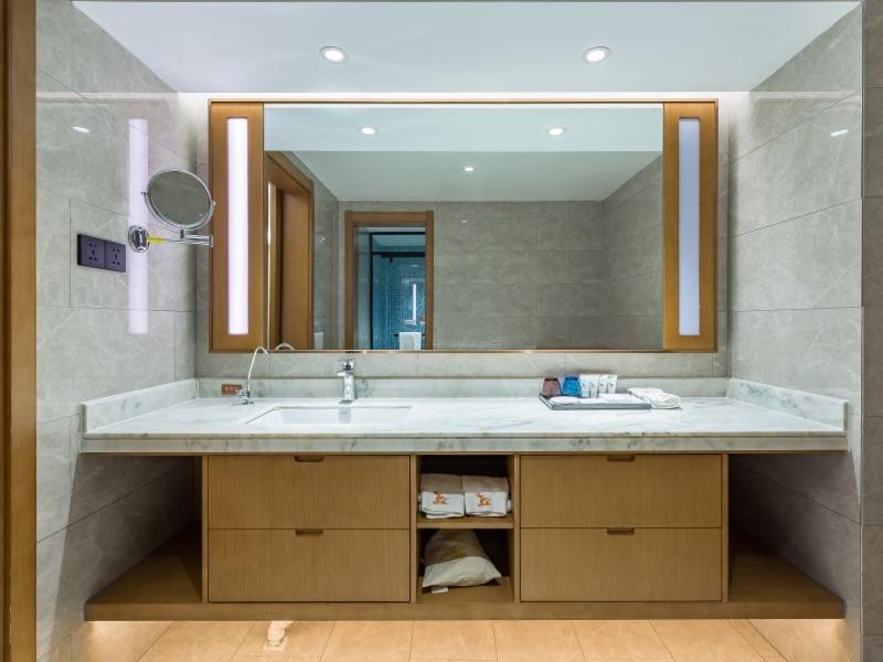 徐州格林东方徐州高铁站东广场酒店的一间带水槽和大镜子的浴室