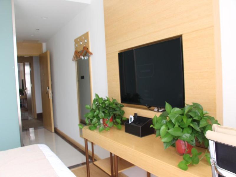 大厂格林豪泰廊坊大厂影视城智选酒店的客厅配有电视和桌子上的植物
