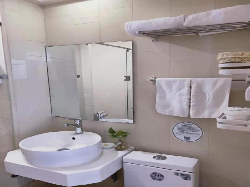 天津格林豪泰天津市西青区中北镇中北大道贝壳酒店的一间带水槽、镜子和卫生间的浴室