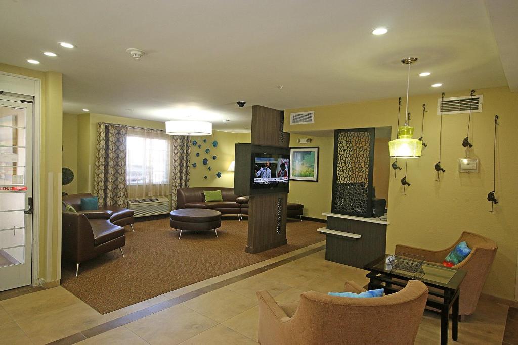 纽波特纽斯约克城纽波特纽斯烛木套房酒店的客厅配有家具和电视。