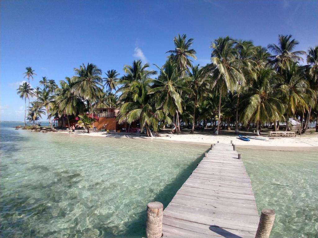 WaisalatupoPrivate Room in San Blas Islands PLUS meals的一条通往棕榈树海滩的木道