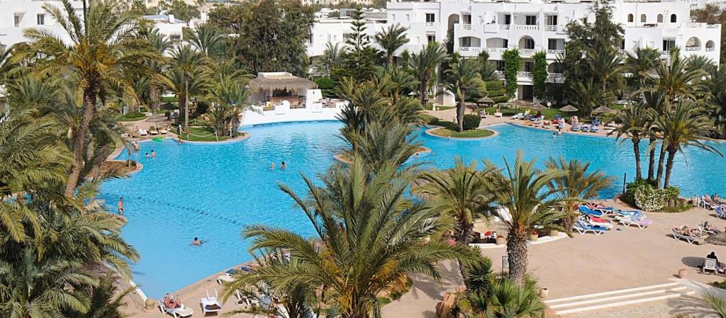 乌姆苏克Djerba Resort- Families and Couples Only的享有棕榈树大型游泳池的顶部景致