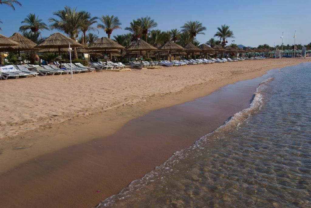 沙姆沙伊赫玛丽蒂姆沙姆沙伊赫赌场度假酒店的海滩上设有椅子和遮阳伞,还有大海