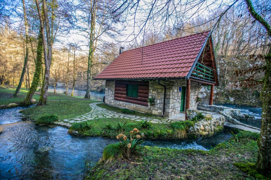 Gornje DubraveBistrica Cottage的河中的小小屋