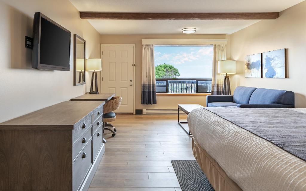 戈尔德比奇Gold Beach Inn的酒店客房配有一张床和一张书桌及一台电视