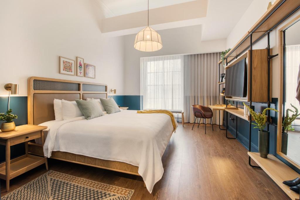 新奥尔良Magnolia New Orleans的一间酒店客房,配有一张床和一台电视