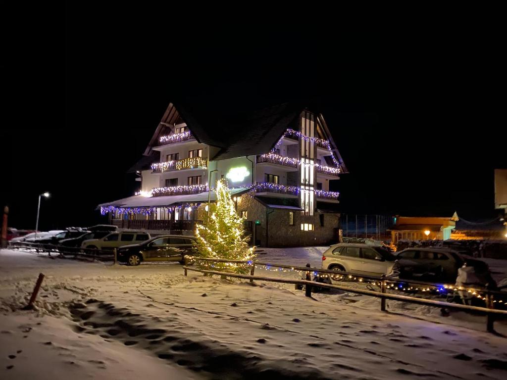 陶比斯特拉Poarta Raiului的停车场里一座有圣诞树的建筑