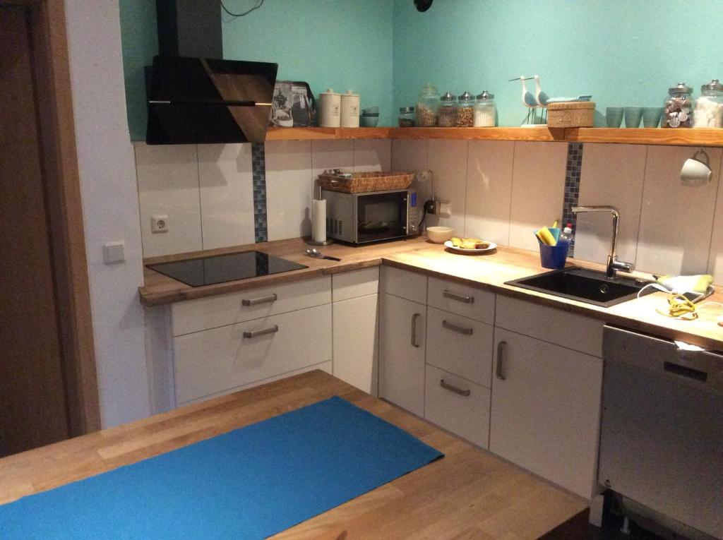 埃姆登Lüttes Huus的厨房铺有蓝色地毯。