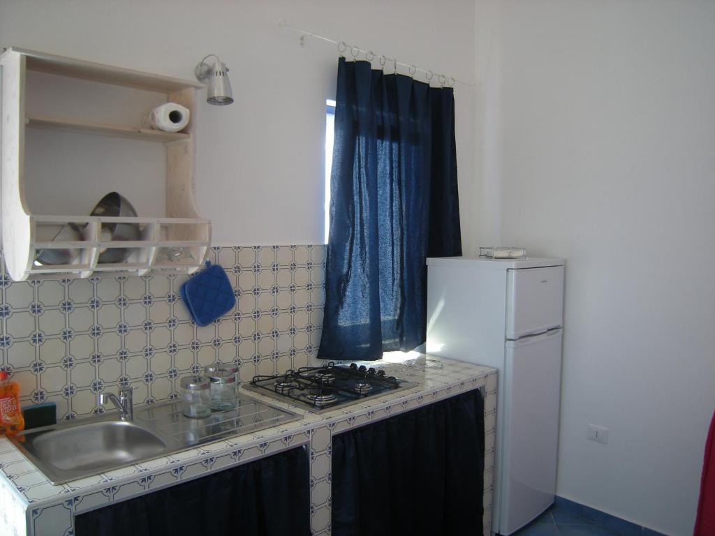 乌斯蒂卡Residence Timeo的一间带水槽和冰箱的小厨房