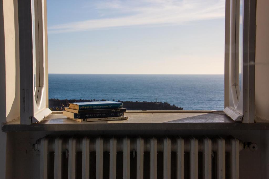 马拉泰亚Dimore Santojanni - La Casa sul Porto的两本书坐在窗台上,望着大海