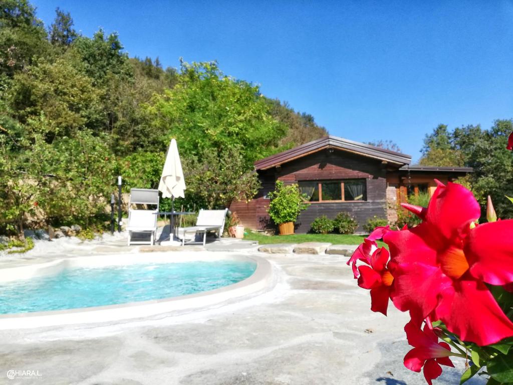 RossanaCasetta nel Bosco Naturas con piscina privata e gratuita的一座带游泳池和红花的房子