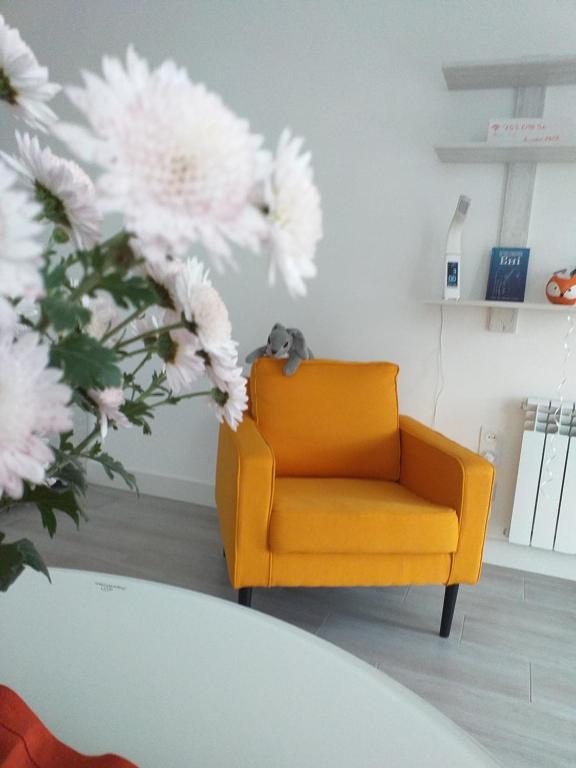 罗夫诺Rusalika的客厅里摆放着黄色椅子,摆放着鲜花