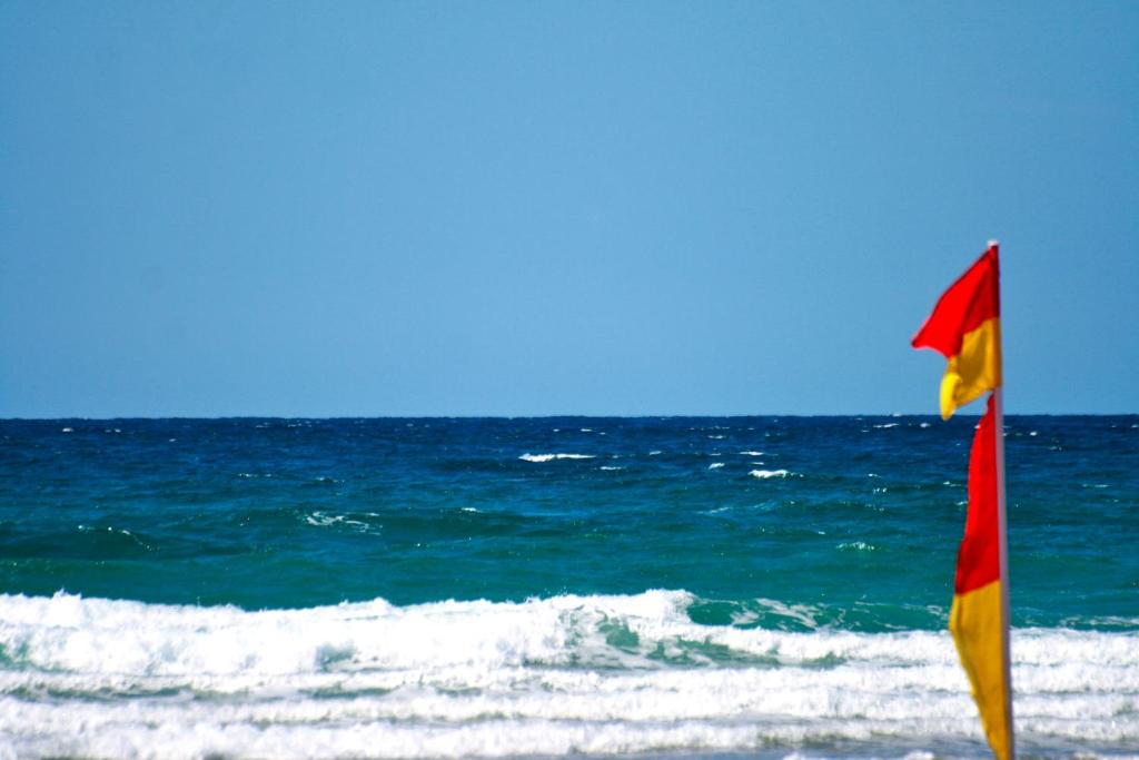纽基29 @ One Lusty Glaze的海滩上红黄旗与海洋