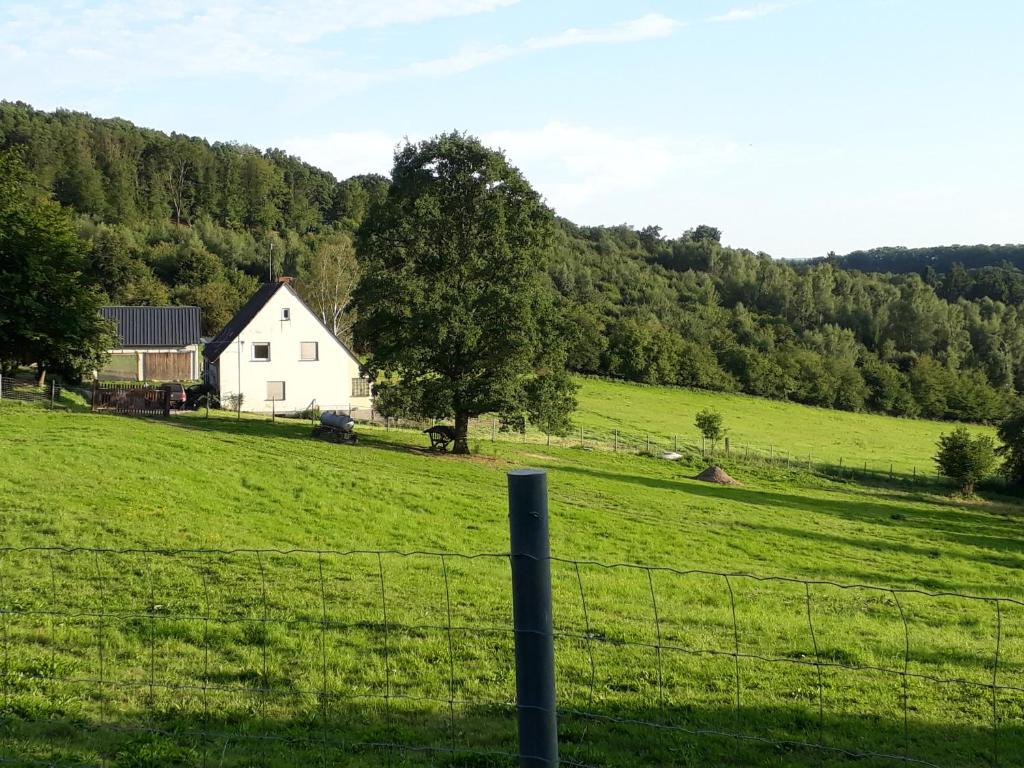 Briedeler HeckFerienwohnung Eiernest的田野上的白色房屋,有栅栏