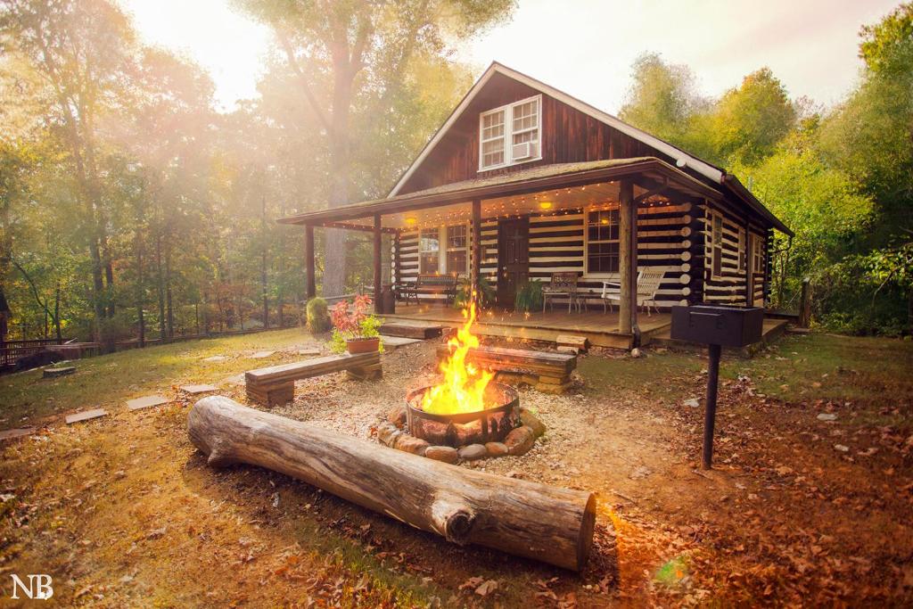 格林维尔Nolichuckey Bluffs Bed & Breakfast Cabins的小木屋前的火坑
