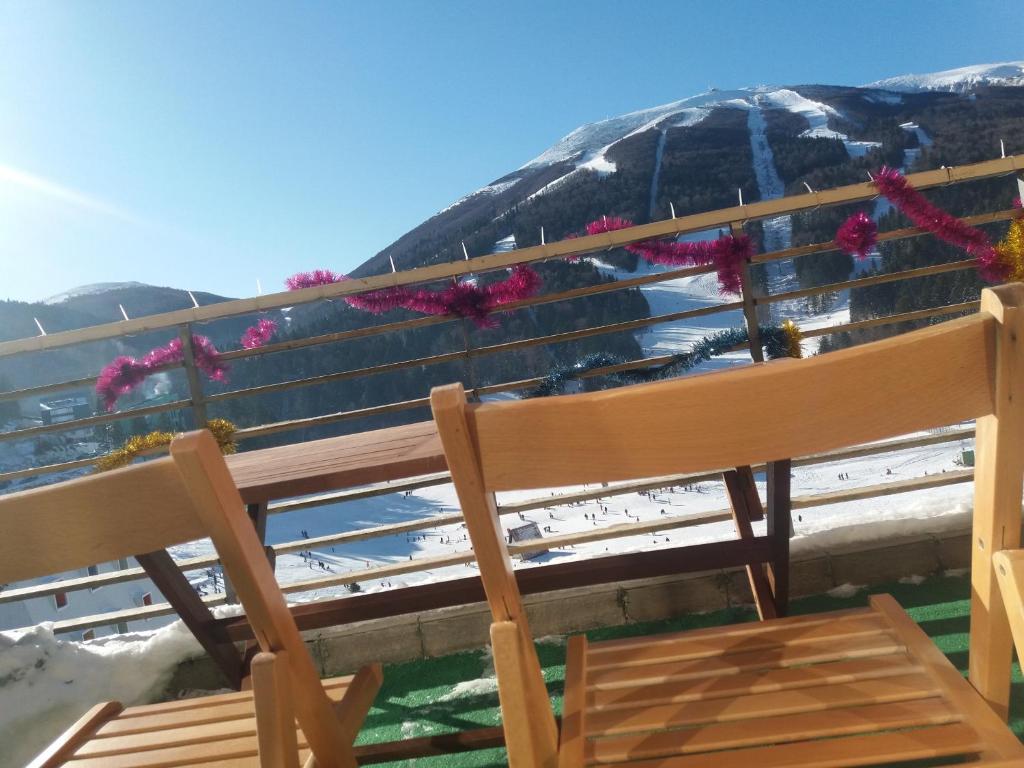 别拉什尼察APARTMAN "CHARDAK"的木凳坐在开满鲜花的甲板上