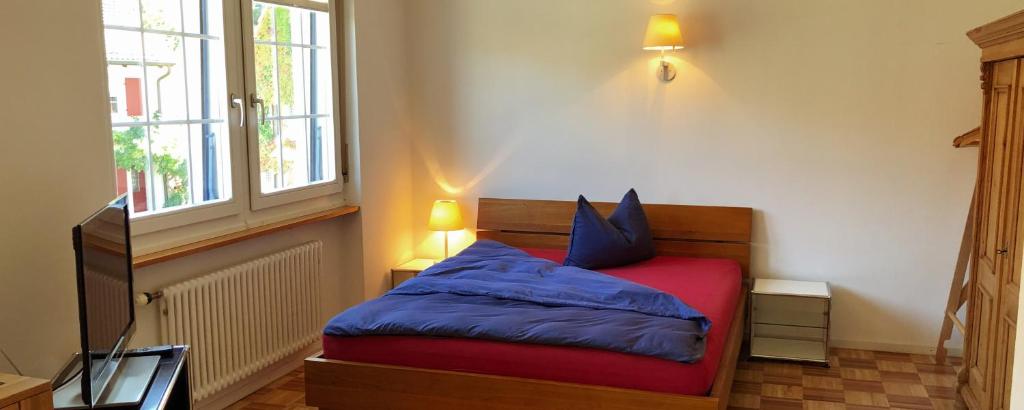 普拉特恩托米斯住宿加早餐酒店的一间卧室配有蓝色和红色的床