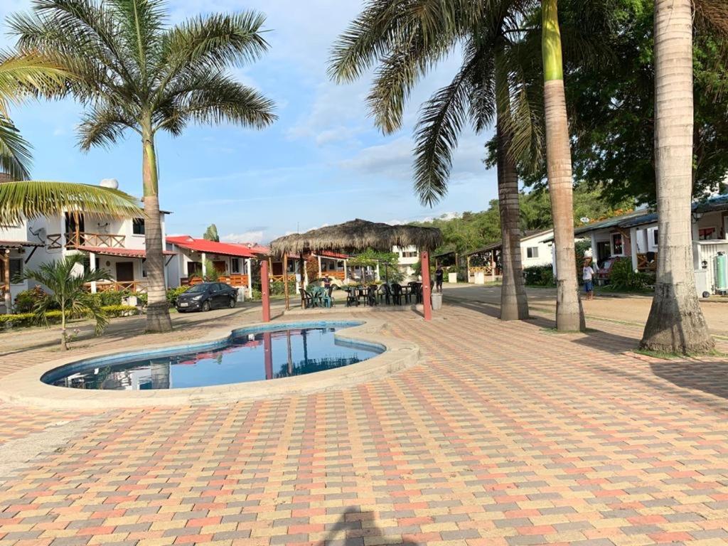 奥隆La Cabaña de Victor的一条砖砌的走道,一条棕榈树环绕的街道中间,有一个游泳池