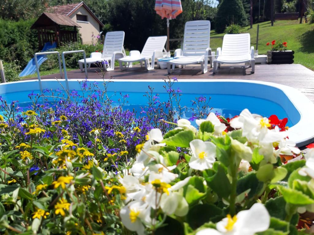 VasvárBoglárka Vendégház的花园设有白色椅子和鲜花,毗邻游泳池