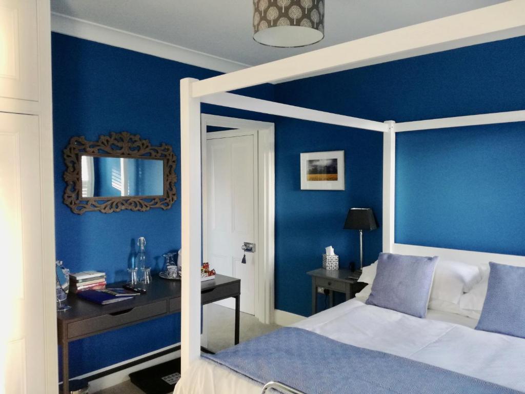 切尔滕纳姆Number 8 Cheltenham的一间拥有蓝色墙壁、一张床和镜子的卧室