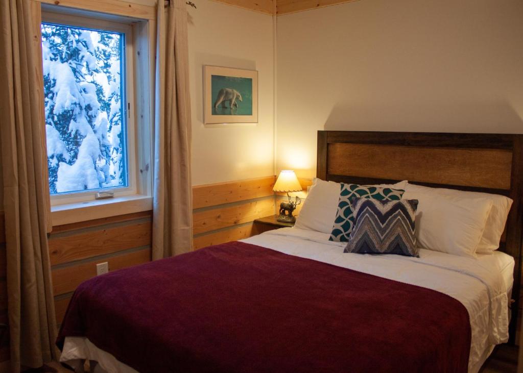 希利Denali Wild Stay - Moose Cabin, Free Wifi, 2 private bedrooms, sleep 6的一间卧室设有一张大床和一个窗户。