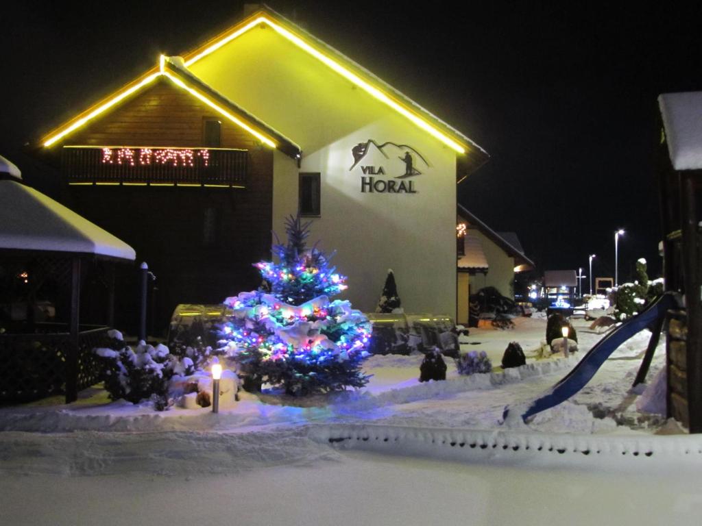 利普托斯基米库拉斯维拉霍拉尔酒店的建筑物前雪中一棵圣诞树