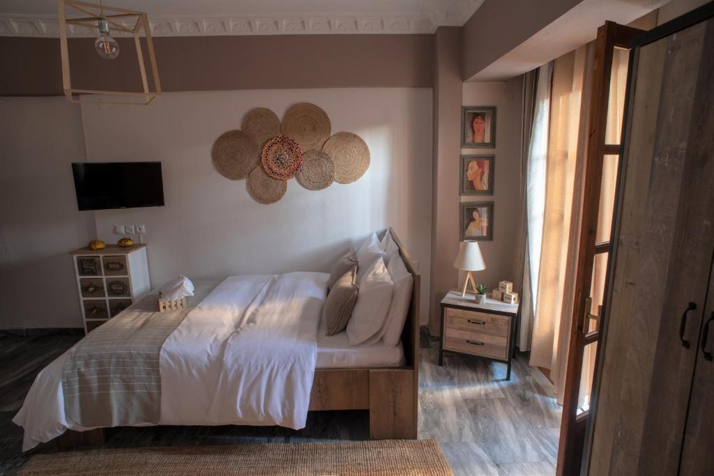 特里卡拉Cozy Studio in Trikala Center with private Parking!的一间卧室配有一张床和一台电视