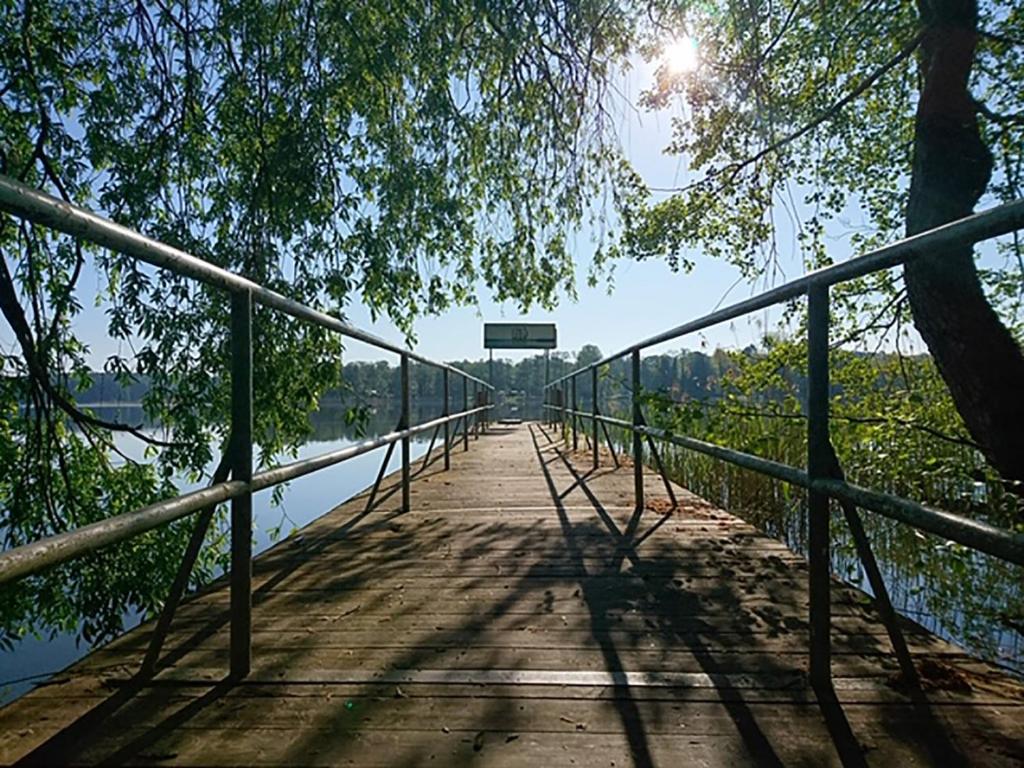 诺伊鲁平Waldschenke Stendenitz Übernachten im Wald am See的阳光照耀下,在水体上方的桥梁