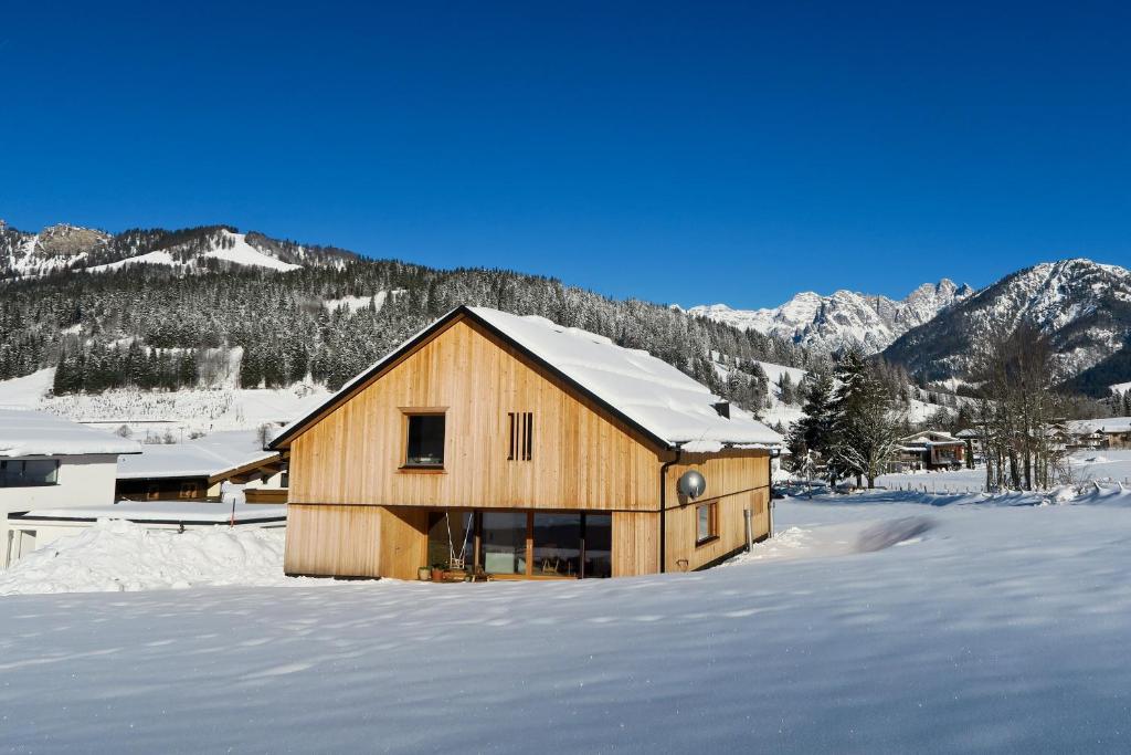 霍赫菲尔岑Appartement Hochsitz的雪中木屋,背景是群山