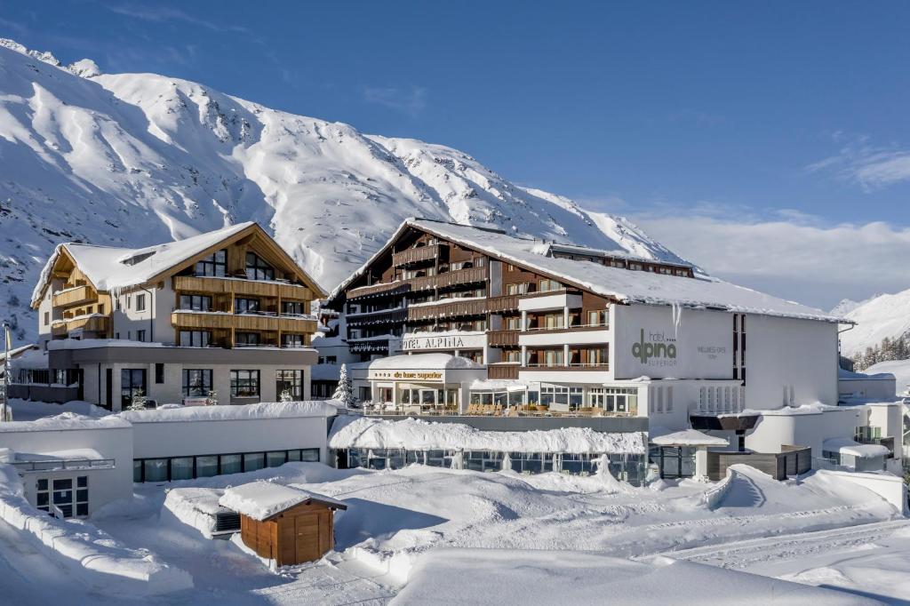 奥伯古格尔Hotel Alpina deluxe的山前的雪中酒店