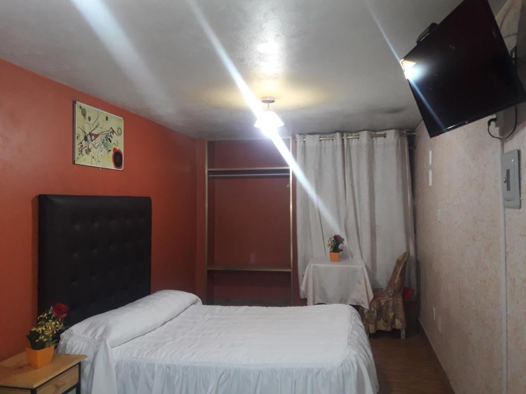 胡利亚卡Los Apus Mayaki的一间卧室配有一张床、一台电视和一张桌子