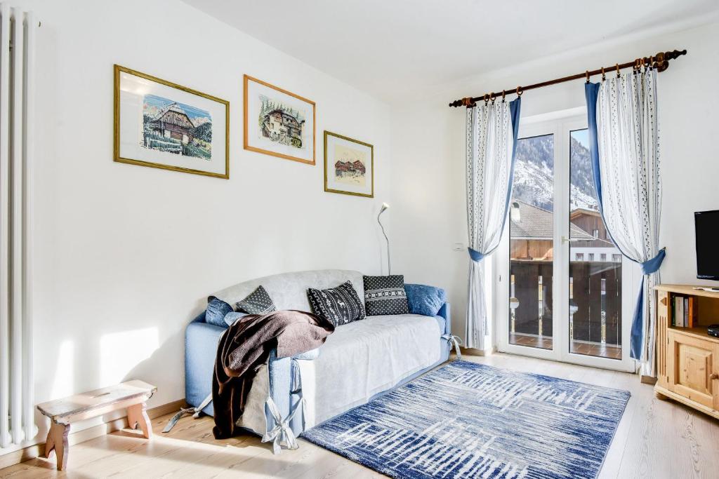 莫埃纳Ciasa Christina的客厅设有蓝色的沙发和窗户。