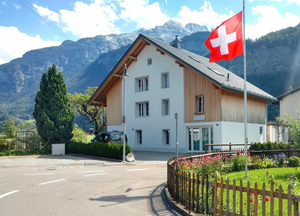 迈林根Mountain-Panorama的前面有瑞士国旗的房子