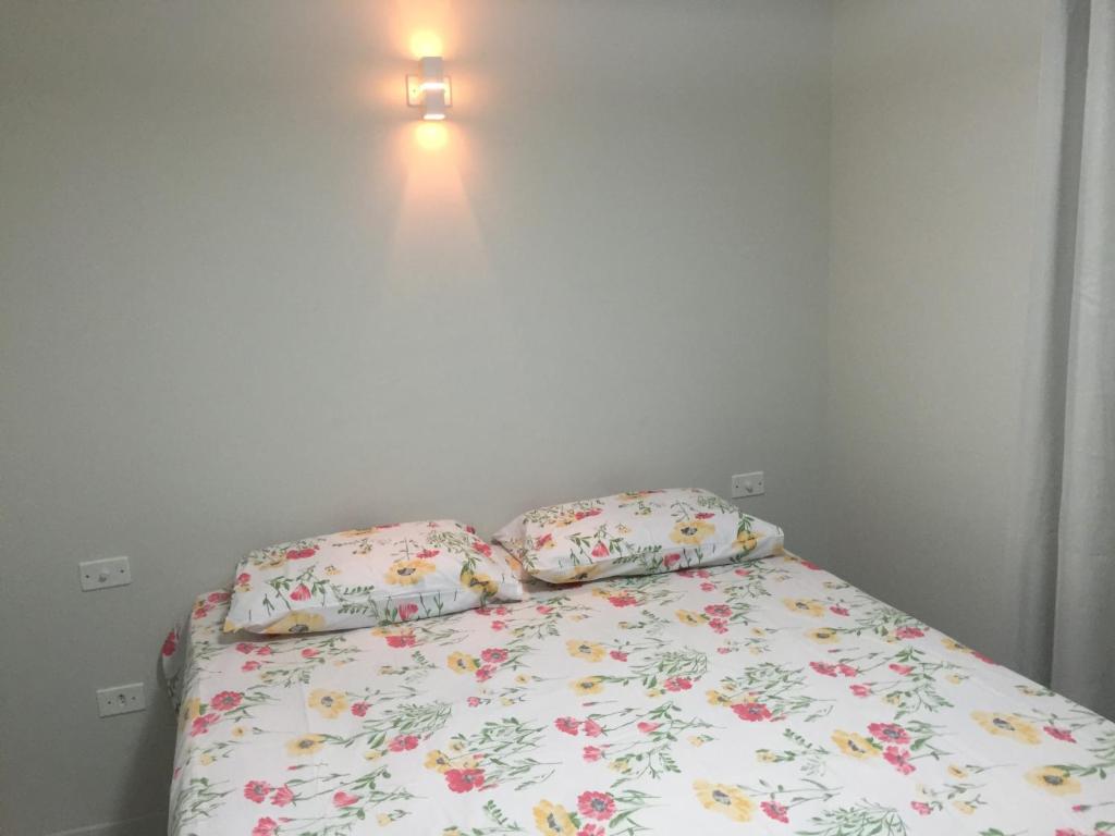 贝泽罗斯Flat Condomínio Serra Negra的一张带两个枕头的床和墙上的灯